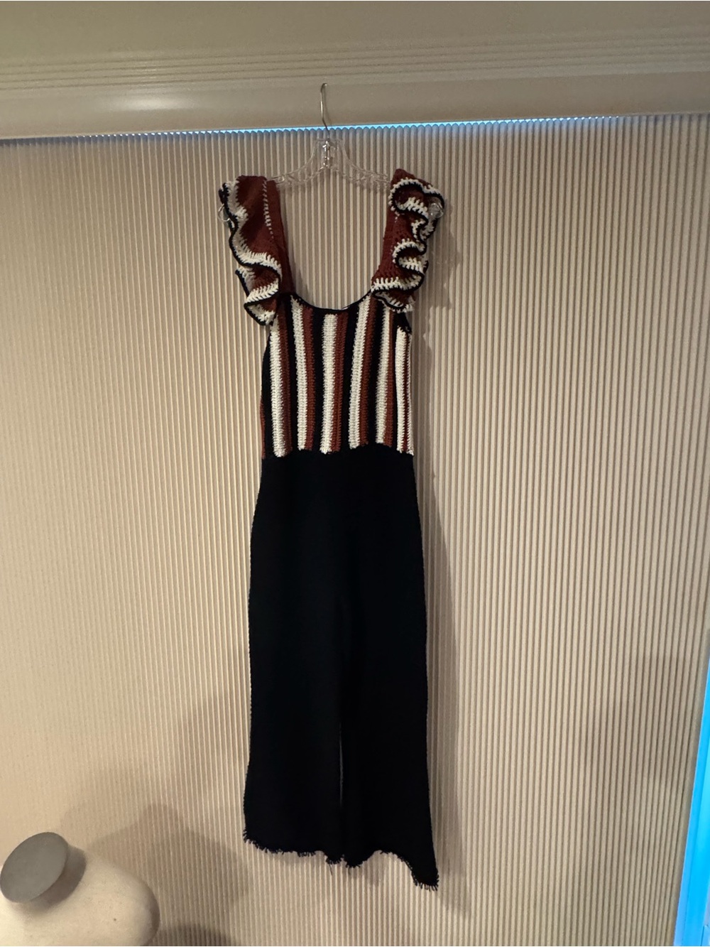 Striped Knit Jumpsuit with Ruffle Straps - Black & Rust Zara size S